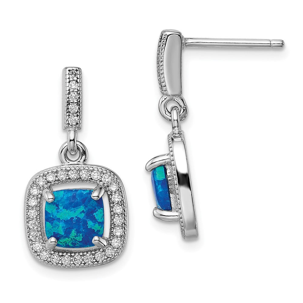 Sterling Silver Rhodium-plated Blue Created Opal CZ Dangle Earrings