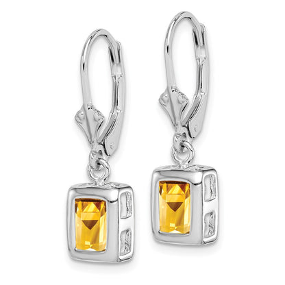 Sterling Silver Rhodium Plated 7x5 Emerald Cut Citrine Leverback Dangle Earrings