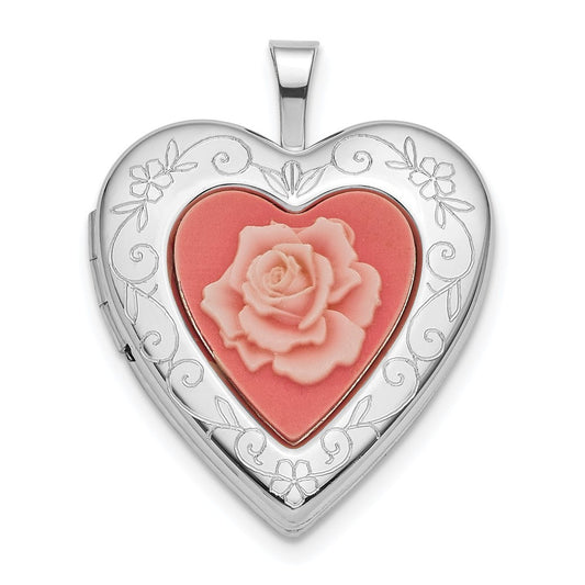 Sterling Silver Rhod-pltd 20mm Pink Resin Rose Cameo Heart Locket Pendant