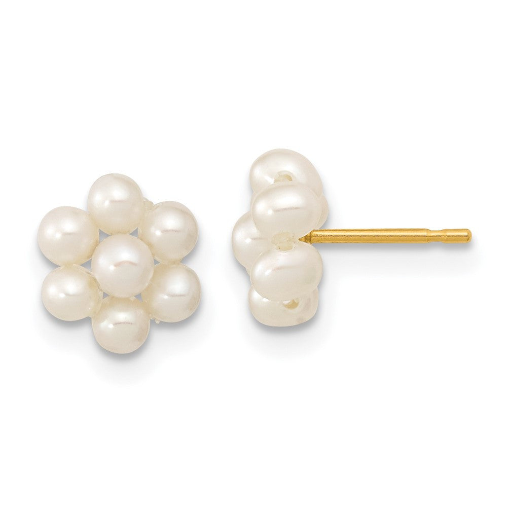 14k Yellow Gold 3mm Button Freshwater Cultured Pearl Flower Stud Earrings