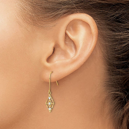 14k Yellow Gold w/Rhodium Diamond-cut Small Diamond Shape Wire Dangle Earrings