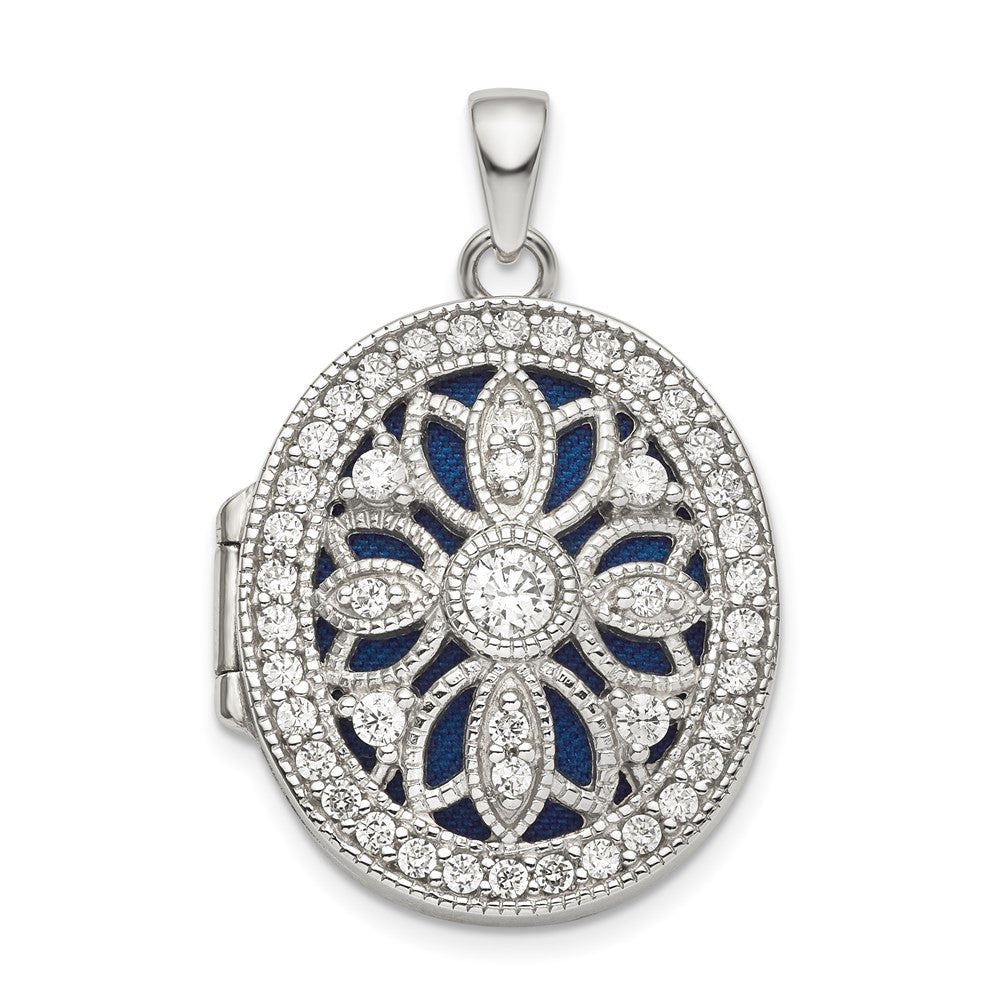Sterling Silver Rhodium-plated Fancy CZ Oval Locket Pendant