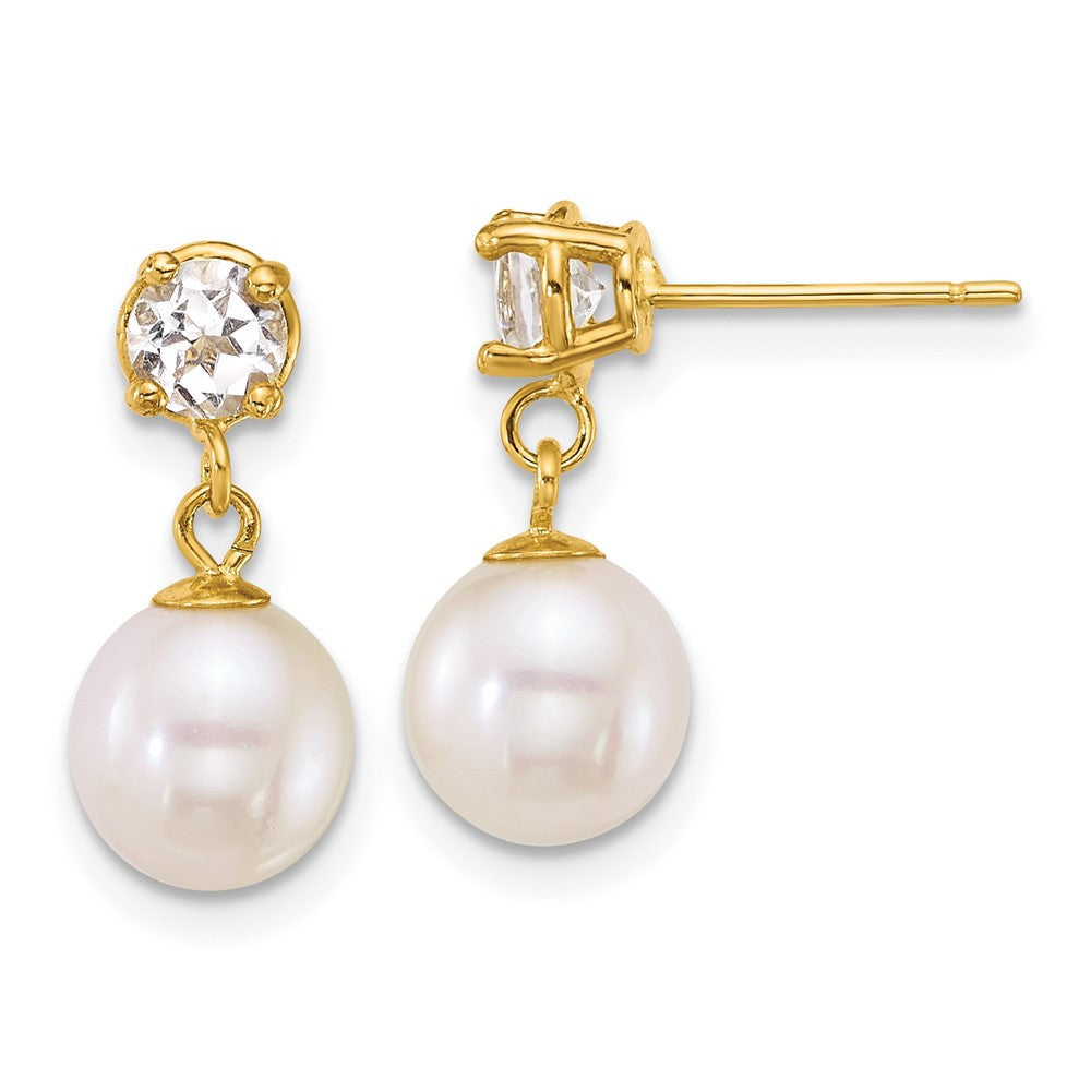 14k Yellow Gold Polished 7-8mm Freshwater Cultured Pearl & Topaz Dangle Earrings