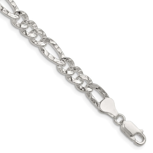 Sterling Silver 6.3mm Hammered Figaro Chain Necklace 24"