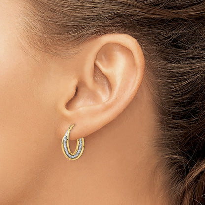 14k Yellow Gold w/ White Rhodium Polished Textured Hoops