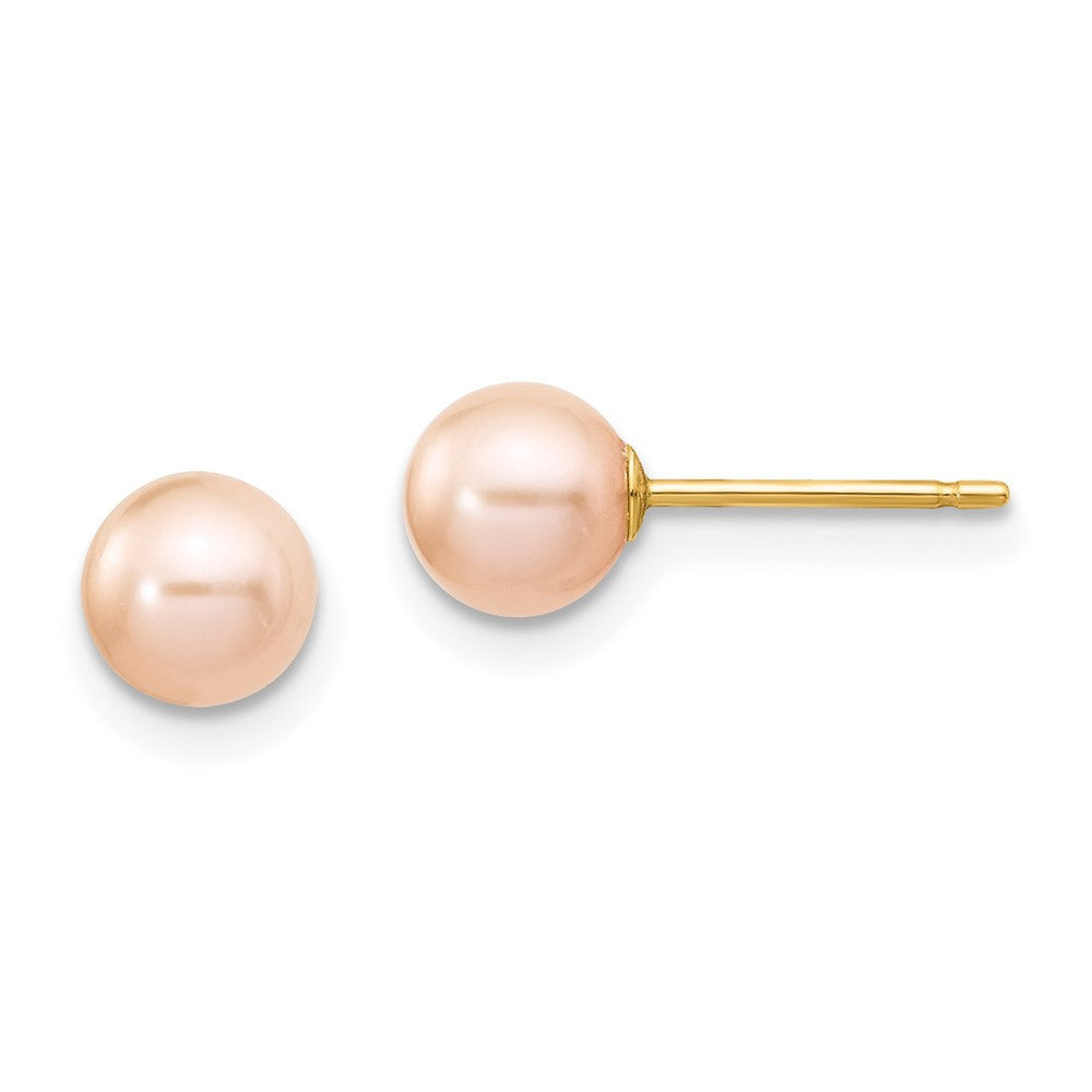 14k Yellow Gold 5-6mm Pink Round Freshwater Cultured Pearl Stud Earrings