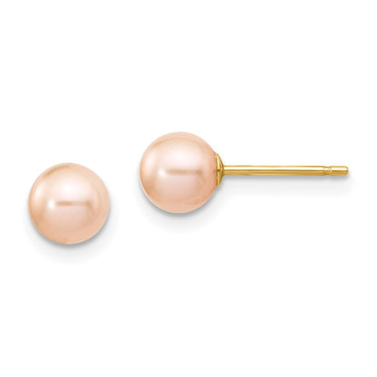 14k Yellow Gold 5-6mm Pink Round Freshwater Cultured Pearl Stud Earrings
