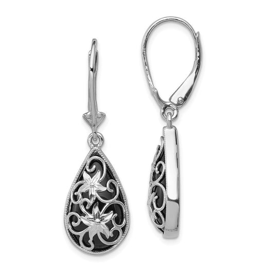 Sterling Silver RH-plated D/C Onyx Floral Tear Leverback Dangle Earrings