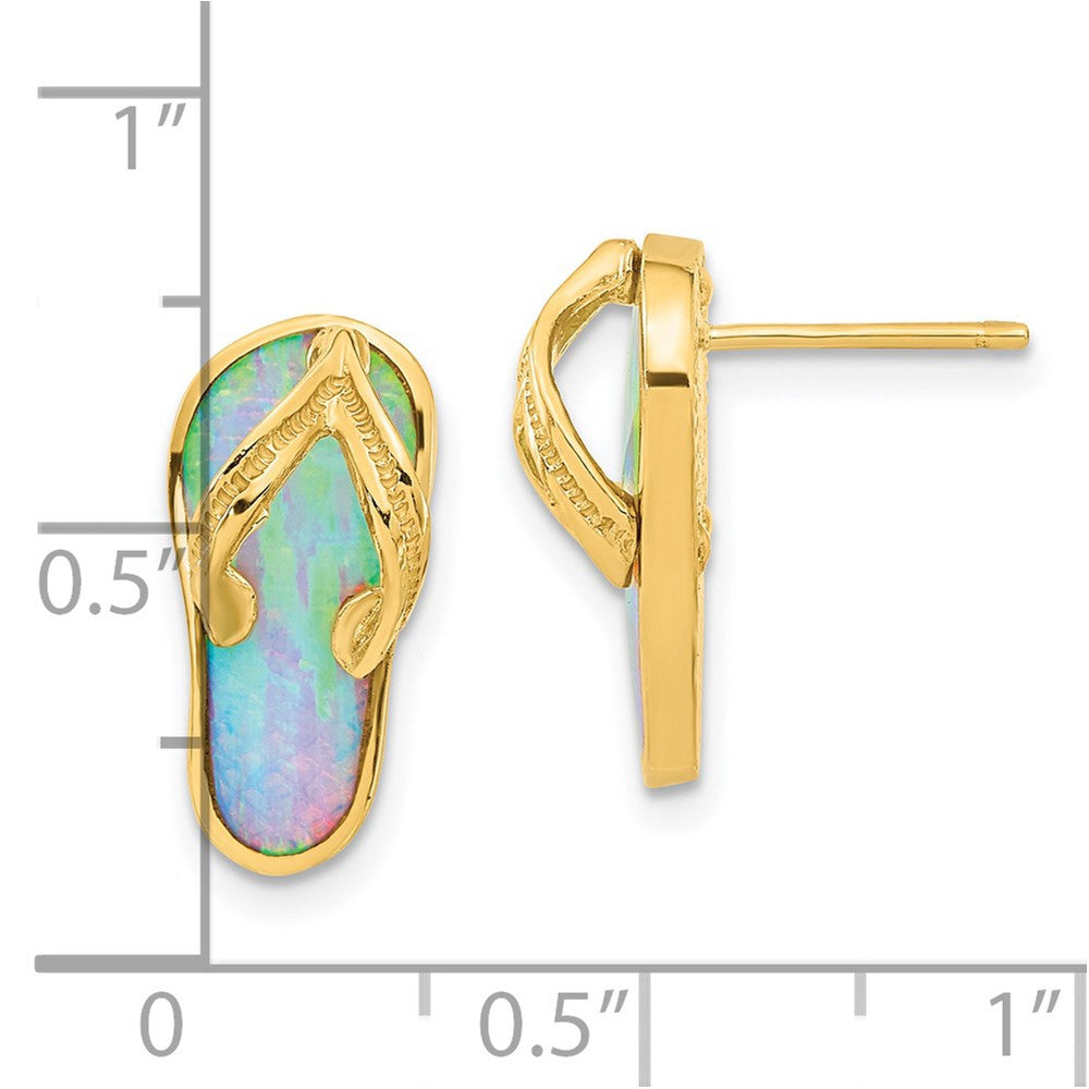 14k Yellow Gold Polished w/Created White Opal Flip Flop Stud Earrings
