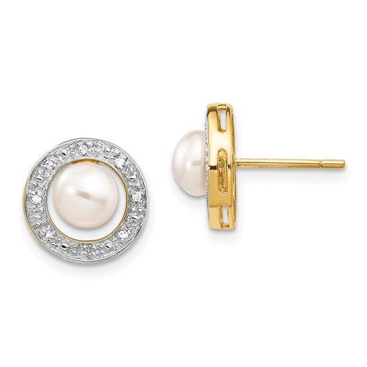 14k Yellow Gold and Rhodium 5-6mm Button FWC Pearl .05ct Diamond Stud Earrings