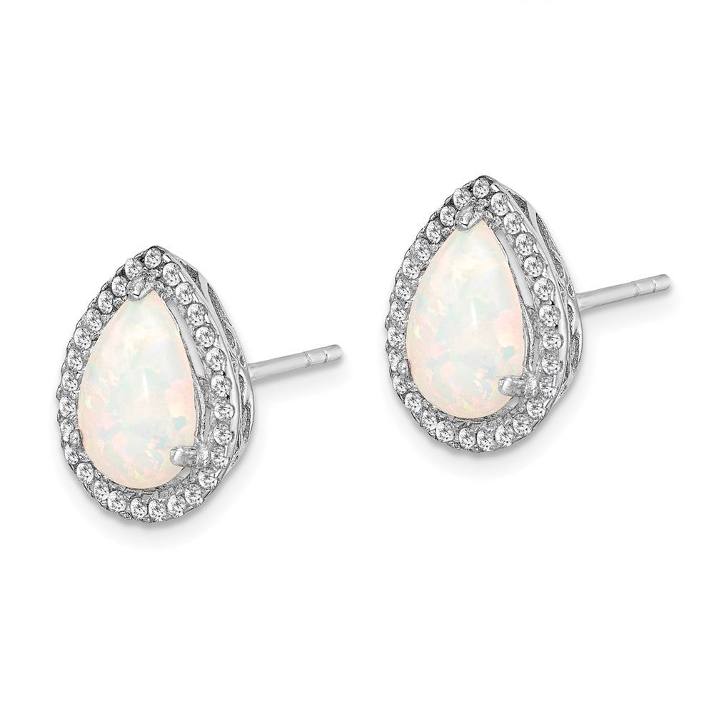Sterling Silver Rhodium Polished Simulated Opal & CZ Button Stud Earrings