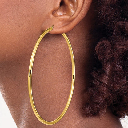 14k Yellow Gold Polished 3x90mm Round Tube Hoop Earrings