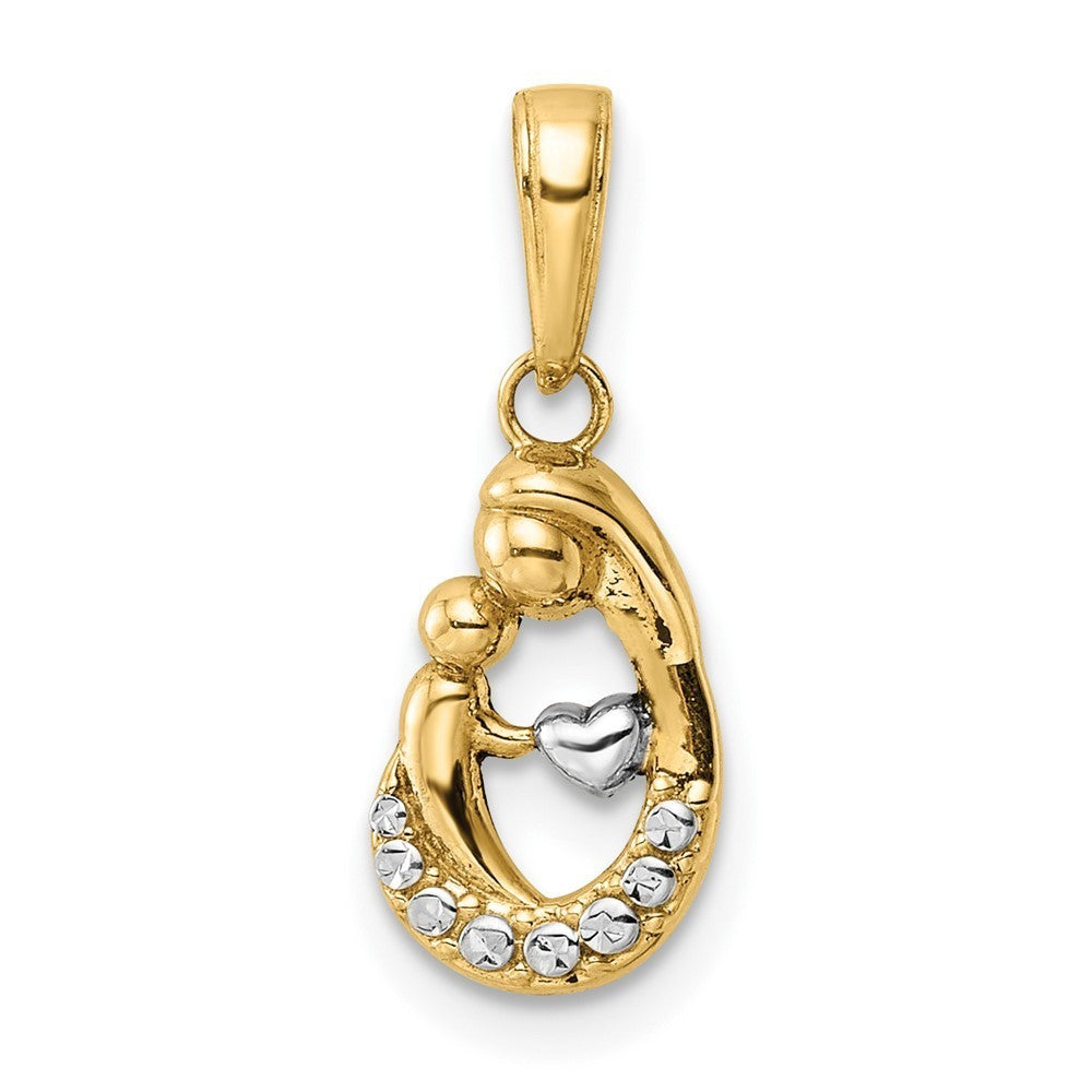 14k Yellow Gold and White Rhodium Diamond-cut Mother and Baby Teardrop Pendant
