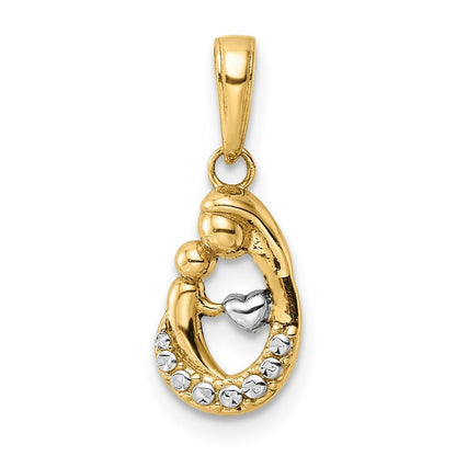 14k Yellow Gold and White Rhodium Diamond-cut Mother and Baby Teardrop Pendant