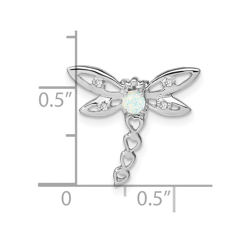 14k White Gold Created Opal and Diamond Dragonfly Chain Slide