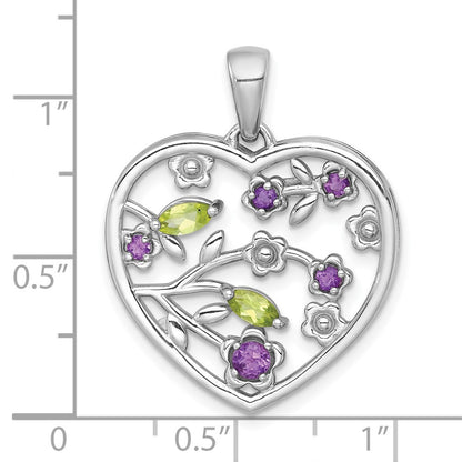Sterling Silver Rhodium Polished Amethyst and Peridot Flowers Heart Pendant
