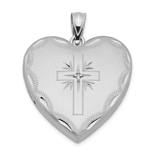 Sterling Silver 24mm Satin & Diamond-Cut Diamond Cross Heart Locket Pendant