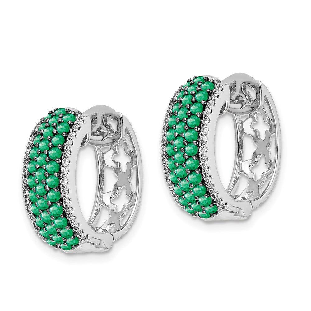 14k White Gold Diamond and Emerald Hinged Hoop Earrings