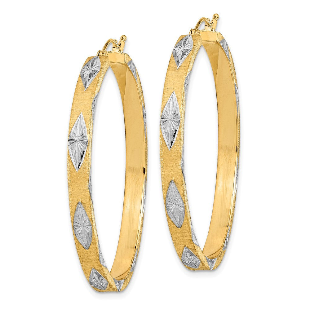 14k Yellow Gold White Rhodium Polished Satin Diamond-cut Fancy Hoop Earrings