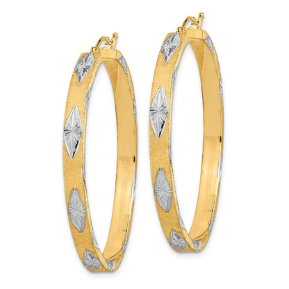 14k Yellow Gold White Rhodium Polished Satin Diamond-cut Fancy Hoop Earrings