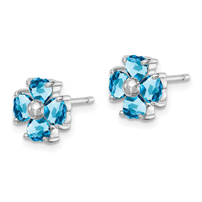 Sterling Silver Rhodium Plated Blue Topaz Flower Button Stud Earrings
