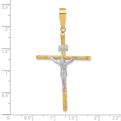 14k Yellow Gold White Rhod Polished & Textured INRI Crucifix Cross Pendant