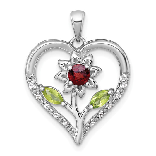 Sterling Silver Rhodium Polished Garnet and White Topaz Flower Heart Pendant
