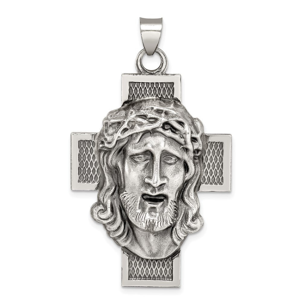 Sterling Silver Hollow Satin Antiqued Jesus Cross Medal Pendant