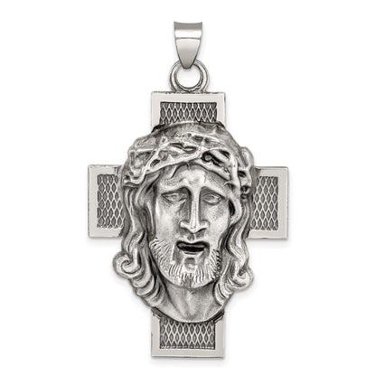 Sterling Silver Hollow Satin Antiqued Jesus Cross Medal Pendant