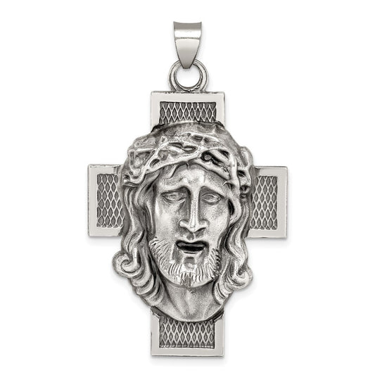 Sterling Silver Hollow Satin Antiqued Jesus Cross Medal Pendant