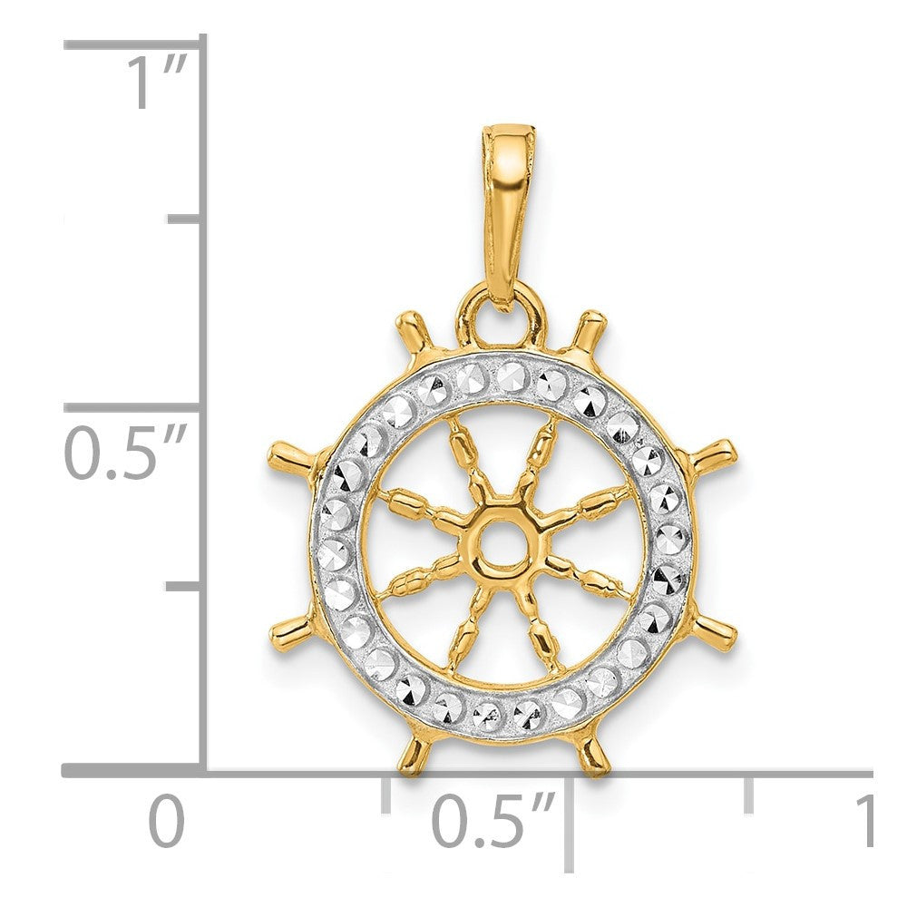 14k Yellow Gold and White Rhodium Diamond-Cut Ship's Wheel Pendant