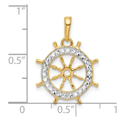 14k Yellow Gold and White Rhodium Diamond-Cut Ship's Wheel Pendant
