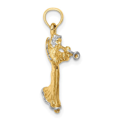 14k Yellow Gold White Rhodium 3-D Angel Playing Trumpet Charm Pendant