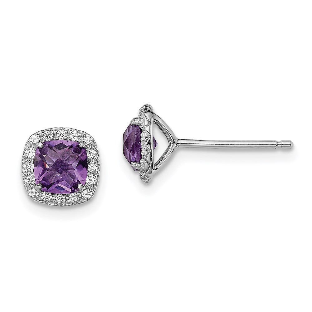 Sterling Silver Rhodium Plated Amethyst and Cr White Sapphire Stud Earrings