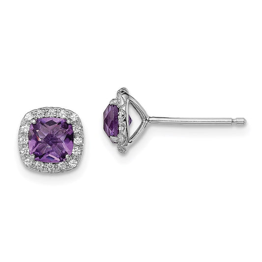 Sterling Silver Rhodium Plated Amethyst and Cr White Sapphire Stud Earrings
