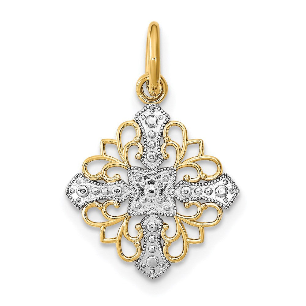 14k Yellow Gold w/Rhodium and D/C Filigree Medallion Charm Pendant