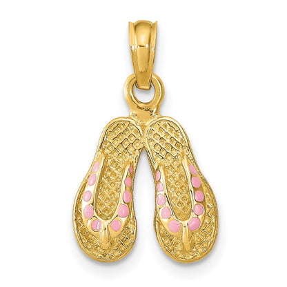 14k Yellow Gold 3D Pink Enamel Double Flip-Flop Charm Pendant