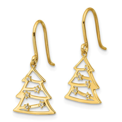 14k Yellow Gold Polished CZ Christmas Tree Shepherd Hook Dangle Earrings