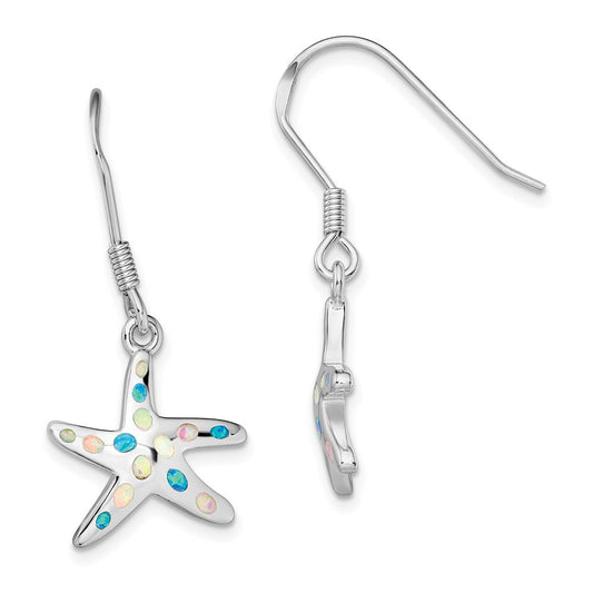 Sterling Silver Rhodium-plated Pink/Blue Created Opal Starfish Dangle Earrings