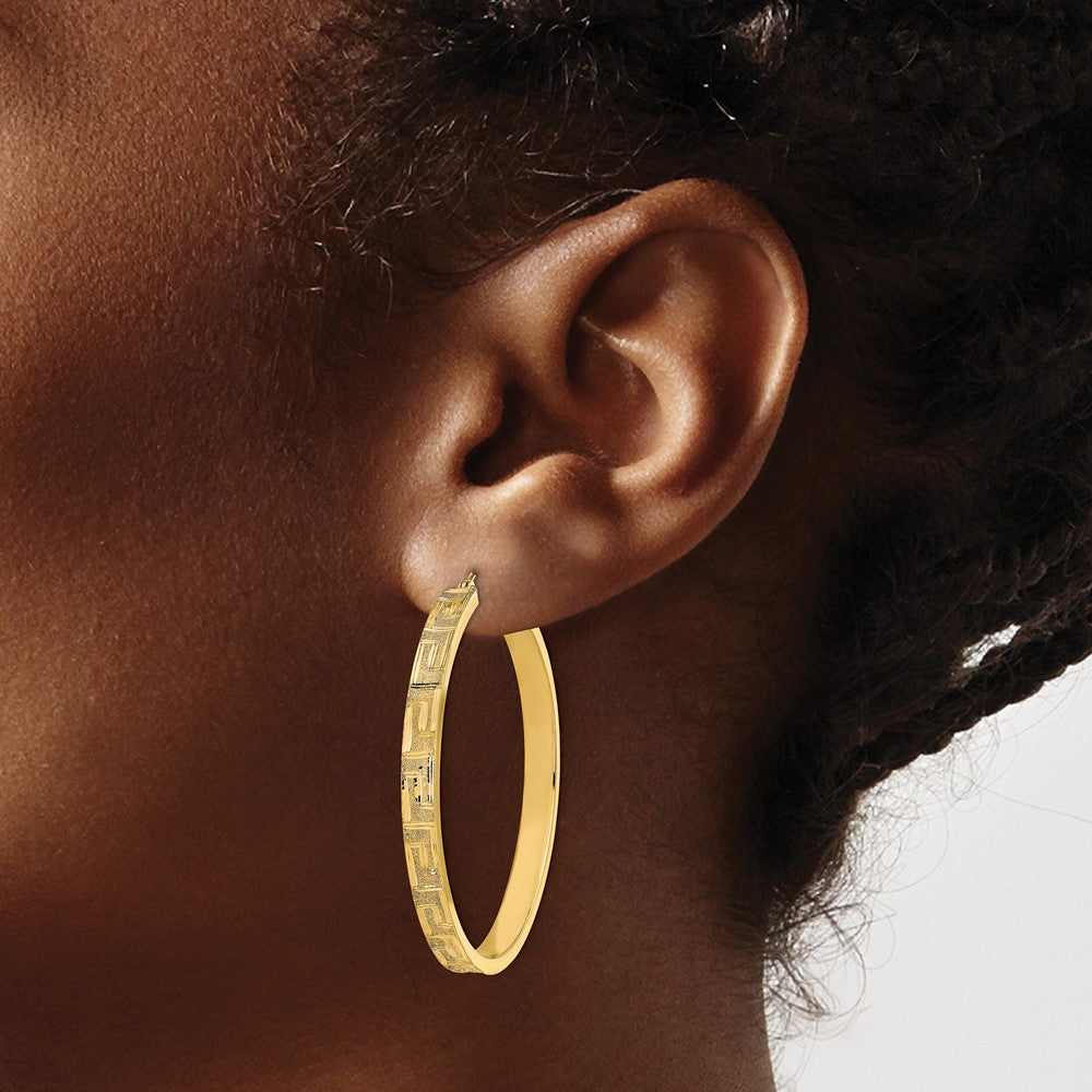 14k Yellow Gold Polished and Satin Greek Pattern Hoop Earrings