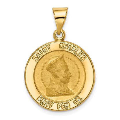 14k Yellow Gold Polished and Satin St. Charles Medal Hollow Pendant
