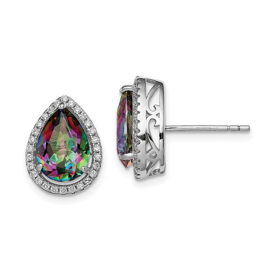 Sterling Silver Rhodium Polished Mystic Topaz & CZ Button Stud Earrings