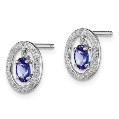 Sterling Silver Rhodium Plated Diamond & Tanzanite Oval Button Stud Earrings