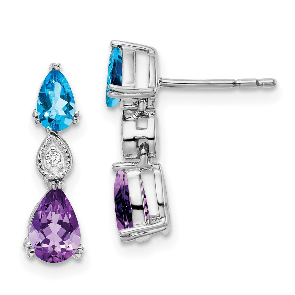 14k White Gold Blue Topaz/Amethyst/Diamond Dangle Earrings