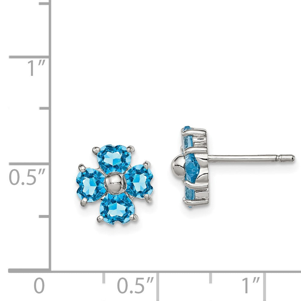 Sterling Silver Rhodium Plated Blue Topaz Flower Button Stud Earrings