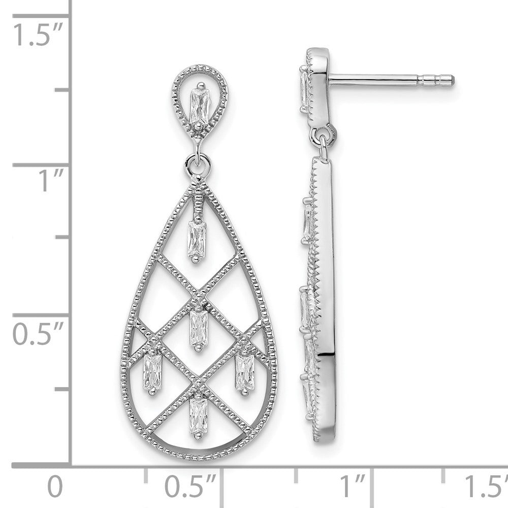 Sterling Silver Rhodium-plated Baguette CZ Tear Dangle Earrings