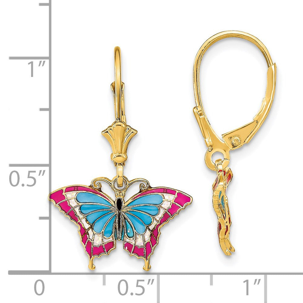 14k Yellow Gold Blue and Red Enameled Wings Butterfly Drop & Dangle Earrings