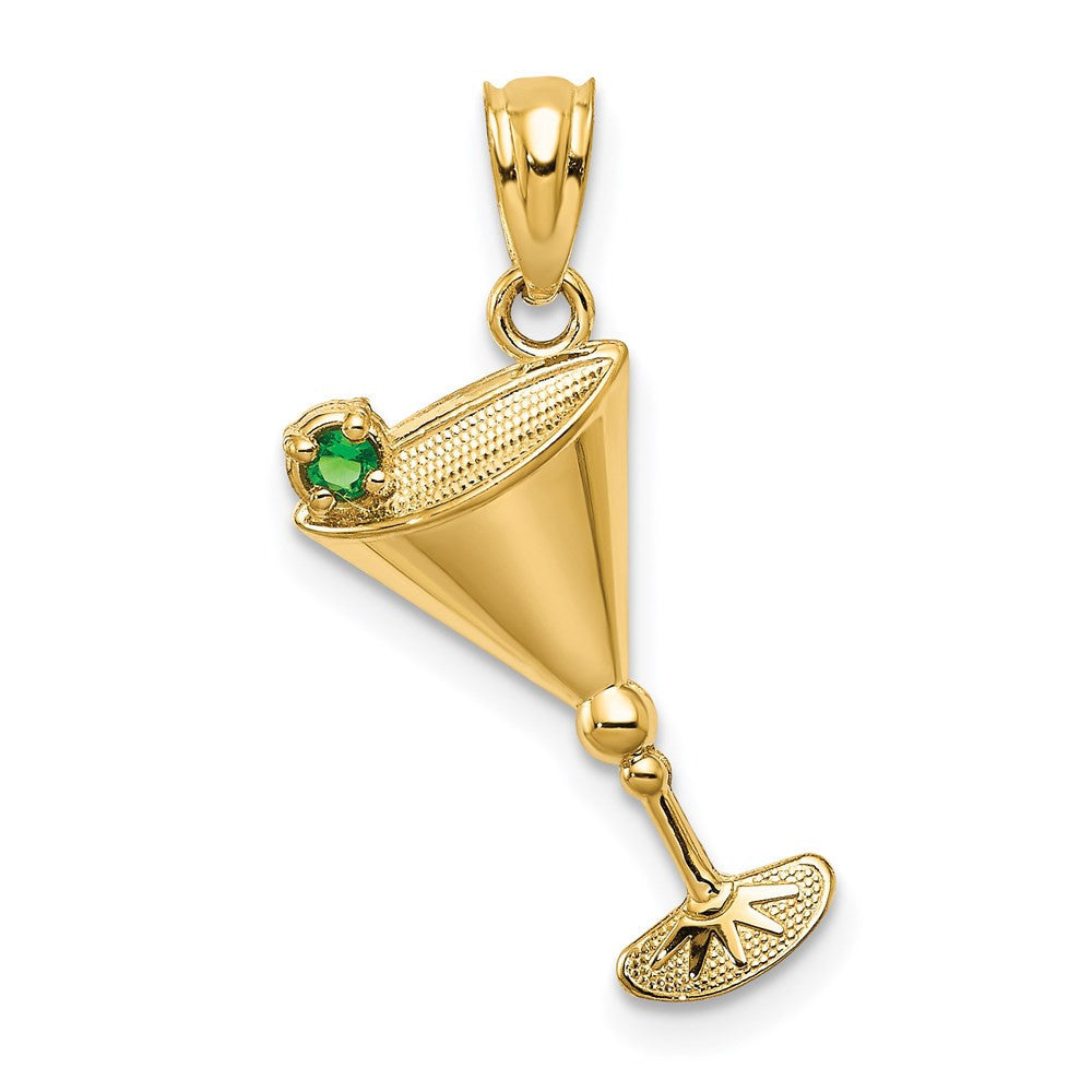 14k Yellow Gold Martini Glass with Green CZ Olive Pendant