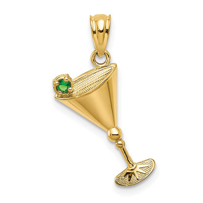 14k Yellow Gold Martini Glass with Green CZ Olive Pendant