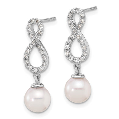 14k Gold 8mm Akoya Saltwater Cultured Pearl & Diamond Infinity Dangle Earrings